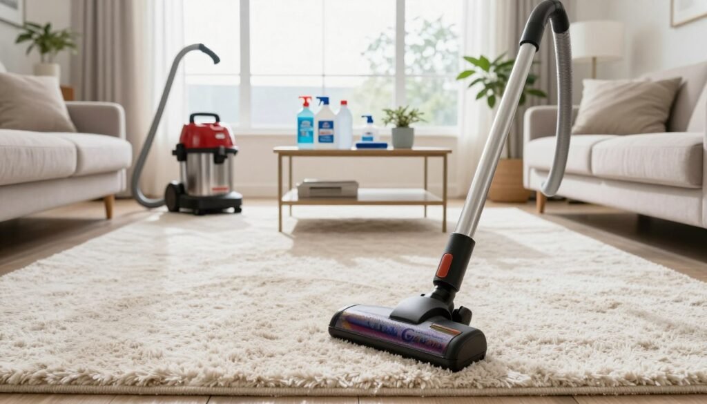 A bright and inviting living room with a plush, lightly colored carpet in the foreground, showcasing a well-organized space ready for carpet cleaning. In the middle ground, a vacuum cleaner and cleaning supplies neatly arranged on a coffee table, emphasizing the preparation stage. The background features soft, natural light streaming in through large windows, creating a clean and airy atmosphere. The room is decorated with stylish furniture and potted plants, enhancing the welcoming vibe. A logo for "Lake Geneva Carpet Cleaning" is subtly incorporated into the scene, without being intrusive. Shot at eye level with a wide-angle lens to capture the full essence of the space, the image conveys a mood of readiness and professionalism, ideal for demonstrating preparation for a seamless cleaning experience.