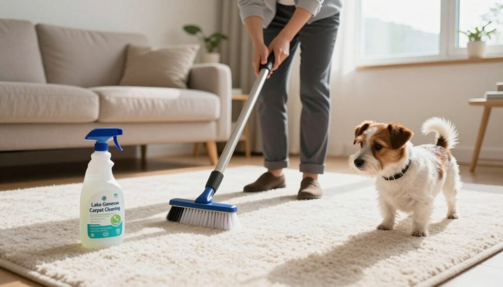 A cozy living room showcasing pet-friendly carpet cleaning solutions in action. In the foreground, there's a bright, soft carpet, with a small dog curiously looking at a bottle of "Lake Geneva Carpet Cleaning" solution, featuring eco-friendly labels. In the middle, a professional cleaner, dressed in neat business attire, meticulously applies the cleaning solution with a gentle brush. The background displays a well-lit space with warm natural light streaming through a window, highlighting the cleanliness and freshness of the room. The atmosphere feels inviting and safe for pets, emphasizing commitment to punctuality and swift response in carpet cleaning services. High-resolution, taken from a slightly elevated angle, focusing on the cleaner's careful actions while ensuring a pet-friendly environment. A cozy living room showcasing pet-friendly carpet cleaning solutions in action. In the foreground, there's a bright, soft carpet, with a small dog curiously looking at a bottle of "Lake Geneva Carpet Cleaning" solution, featuring eco-friendly labels. In the middle, a professional cleaner, dressed in neat business attire, meticulously applies the cleaning solution with a gentle brush. The background displays a well-lit space with warm natural light streaming through a window, highlighting the cleanliness and freshness of the room. The atmosphere feels inviting and safe for pets, emphasizing commitment to punctuality and swift response in carpet cleaning services. High-resolution, taken from a slightly elevated angle, focusing on the cleaner's careful actions while ensuring a pet-friendly environment.