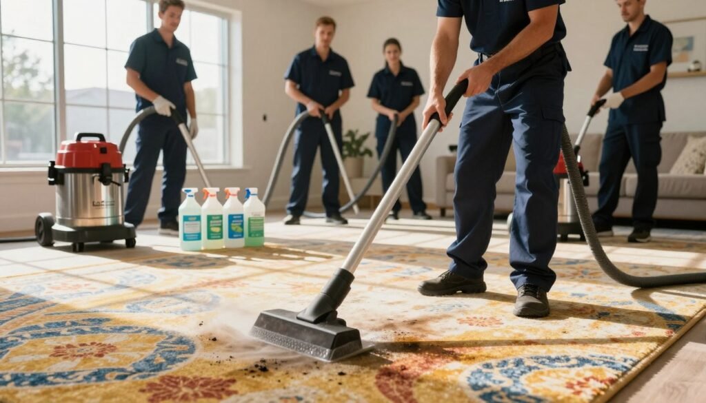 A modern carpet cleaning scene featuring a professional team from "Lake Geneva Carpet Cleaning" in action. In the foreground, a technician in a branded uniform is expertly using a powerful steam cleaner on a vibrant, patterned carpet with visible stains and odors being lifted. The middle ground showcases cleaning equipment neatly organized, with bottles of eco-friendly cleaning solutions ready for use. In the background, a bright, clean room with sunlight pouring in through large windows enhances the fresh atmosphere. The lighting is warm, highlighting the textures of the carpet and the professionalism of the team. The overall mood conveys a sense of efficiency and trustworthiness, emphasizing the successful removal of stubborn stains in a home-like environment.