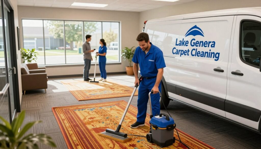 A professional carpet cleaning scene featuring the "Lake Geneva Carpet Cleaning" logo prominently on a branded van parked outside a modern business in Lake Geneva, WI. In the foreground, a friendly technician in a blue uniform prepares equipment for cleaning a vibrant area rug inside the business. The middle ground shows a spotless, well-lit room with clean carpets, large windows allowing natural light to stream in, and hints of greenery from outside. In the background, a satisfied customer admires their freshly cleaned carpet, conveying a sense of trust and professionalism. The atmosphere is warm and inviting, reflecting customer satisfaction and a strong local reputation, with soft, diffused lighting to create an inviting space. The angle is slightly elevated, providing a complete view of the scene without distractions. A professional carpet cleaning scene featuring the "Lake Geneva Carpet Cleaning" logo prominently on a branded van parked outside a modern business in Lake Geneva, WI. In the foreground, a friendly technician in a blue uniform prepares equipment for cleaning a vibrant area rug inside the business. The middle ground shows a spotless, well-lit room with clean carpets, large windows allowing natural light to stream in, and hints of greenery from outside. In the background, a satisfied customer admires their freshly cleaned carpet, conveying a sense of trust and professionalism. The atmosphere is warm and inviting, reflecting customer satisfaction and a strong local reputation, with soft, diffused lighting to create an inviting space. The angle is slightly elevated, providing a complete view of the scene without distractions.