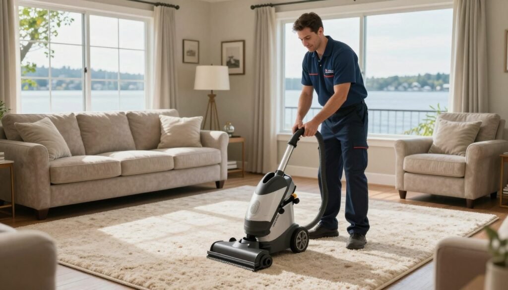 A serene and inviting scene showcasing a professional carpet cleaning service in Lake Geneva, WI. In the foreground, a friendly technician in a clean uniform is expertly using a high-quality carpet cleaning machine on a plush, beige carpet inside a cozy living room. The middle ground features a beautifully arranged living space with soft natural light filtering through large windows, revealing hints of Lake Geneva's landscape outside. The background highlights a scenic view of Lake Geneva, with gentle waves and green trees, suggesting a relaxing atmosphere. The image should convey the importance of regular carpet maintenance, evoking a sense of cleanliness and comfort. The brand "Lake Geneva Carpet Cleaning" should be subtly integrated into the scene, with no text or watermarks present. A serene and inviting scene showcasing a professional carpet cleaning service in Lake Geneva, WI. In the foreground, a friendly technician in a clean uniform is expertly using a high-quality carpet cleaning machine on a plush, beige carpet inside a cozy living room. The middle ground features a beautifully arranged living space with soft natural light filtering through large windows, revealing hints of Lake Geneva's landscape outside. The background highlights a scenic view of Lake Geneva, with gentle waves and green trees, suggesting a relaxing atmosphere. The image should convey the importance of regular carpet maintenance, evoking a sense of cleanliness and comfort. The brand "Lake Geneva Carpet Cleaning" should be subtly integrated into the scene, with no text or watermarks present.