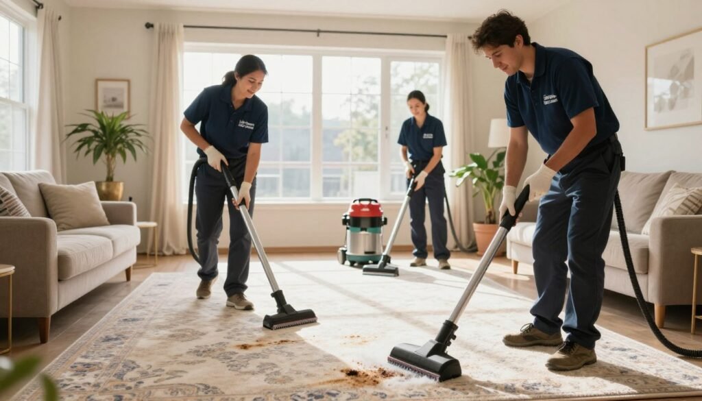 A team of certified carpet cleaning professionals wearing uniforms from "Lake Geneva Carpet Cleaning" are actively working in a well-lit, spacious living room. The foreground shows two professionals, a man and a woman, using modern cleaning equipment on a plush, patterned carpet, ensuring attention to stains. In the middle, a large window allows natural sunlight to stream in, highlighting the cleanliness of the carpet. In the background, you can see potted plants and cozy furniture that create a warm, inviting atmosphere. The scene conveys professionalism and local expertise, emphasizing trust and dedication to quality service. The lighting is bright and warm, enhancing the welcoming vibe of the room. Overall, the mood is reassuring and service-oriented, perfect for Lake Geneva residents seeking reliable carpet cleaning solutions. A team of certified carpet cleaning professionals wearing uniforms from "Lake Geneva Carpet Cleaning" are actively working in a well-lit, spacious living room. The foreground shows two professionals, a man and a woman, using modern cleaning equipment on a plush, patterned carpet, ensuring attention to stains. In the middle, a large window allows natural sunlight to stream in, highlighting the cleanliness of the carpet. In the background, you can see potted plants and cozy furniture that create a warm, inviting atmosphere. The scene conveys professionalism and local expertise, emphasizing trust and dedication to quality service. The lighting is bright and warm, enhancing the welcoming vibe of the room. Overall, the mood is reassuring and service-oriented, perfect for Lake Geneva residents seeking reliable carpet cleaning solutions.