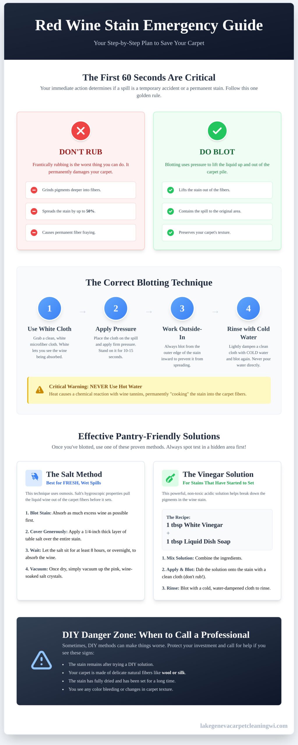 How to Get Red Wine Out of Carpet: A Lake Geneva Homeowner’s Emergency Guide - Infographic