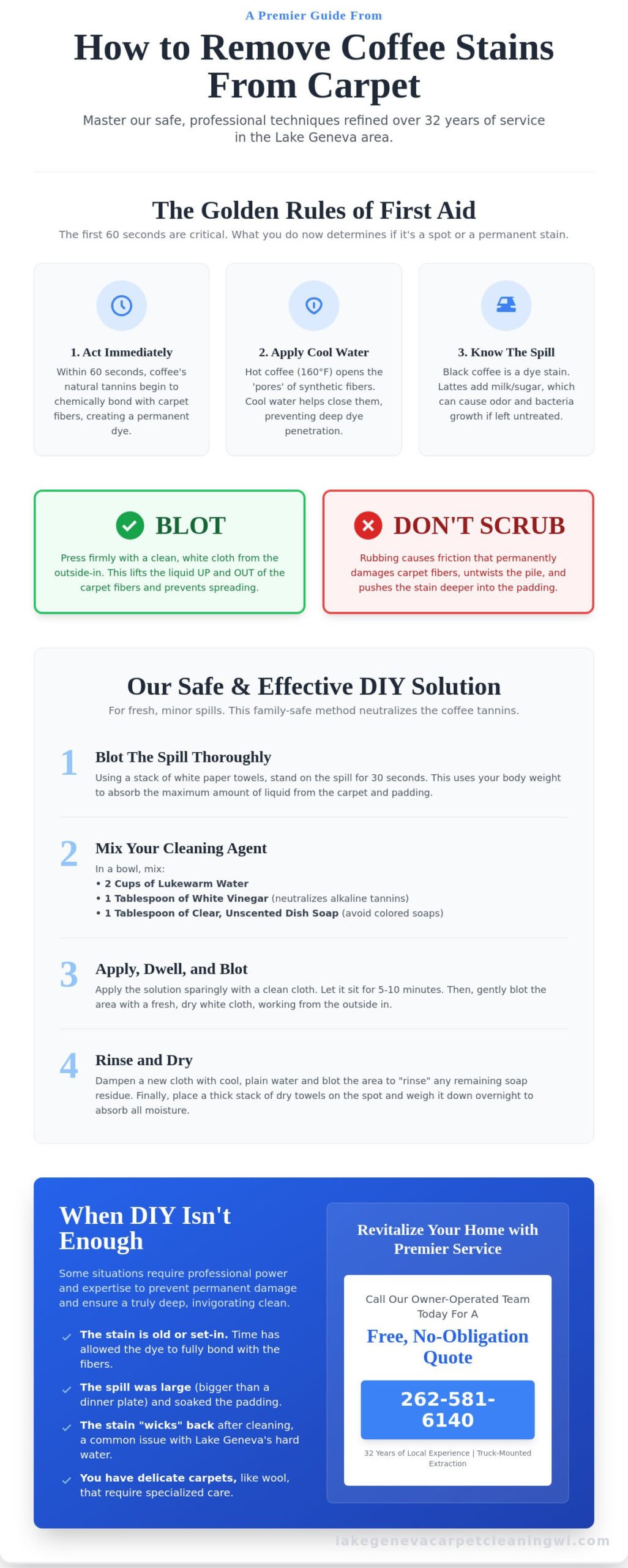 How to Remove Coffee Stains from Carpet: The Premier Guide for Lake Geneva Homeowners - Infographic