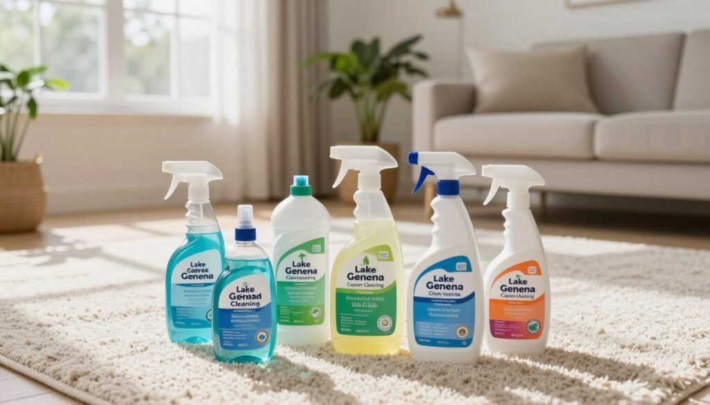 A bright and inviting interior scene showcasing a variety of safe cleaning products for carpet fiber protection, prominently featuring the brand "Lake Geneva Carpet Cleaning". In the foreground, an array of eco-friendly carpet cleaning solutions, neatly arranged on a soft, plush carpet, with vibrant labels indicating their safe ingredients. In the middle, a well-maintained living room with a stylish rug, accentuated by natural light streaming in from a nearby window, creating a warm, inviting atmosphere. The background captures a clean, homey environment with green plants and light-colored walls, emphasizing a safe, healthy living space. The overall mood is one of tranquility and assurance, reflecting the commitment to protecting carpet fibers and ensuring longevity. Use a soft focus lens to create a gentle, serene ambiance.