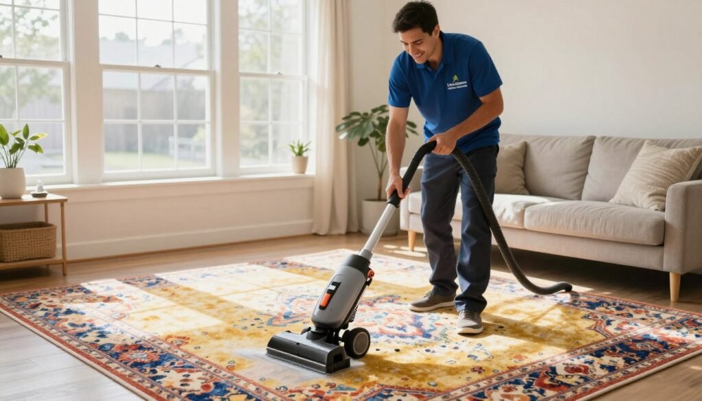 A bright and inviting living room featuring a professional carpet cleaning service. In the foreground, a friendly technician wearing a branded shirt from "Lake Geneva Carpet Cleaning" is actively using a high-quality carpet cleaning machine on a vibrant, plush area rug. The rug showcases intricate patterns, highlighting the essence of affordability and care in service. In the middle ground, sunlight filters through large windows, illuminating the room and casting soft shadows that enhance the cleanliness of the space. The background contains minimalistic furniture, including a cozy couch and nature-inspired decor. The atmosphere conveys a sense of professionalism and reliability, perfect for illustrating the benefits of professional cleaning in extending the lifespan of flooring.