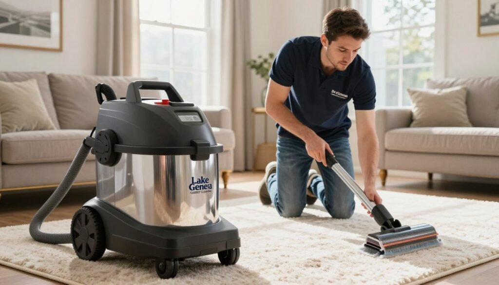 A bright and inviting scene showcasing a professional carpet cleaner machine prominently displayed in a modern home environment, reflecting expert technician expertise. In the foreground, the Lake Geneva Carpet Cleaning logo is visible on the machine. The middle ground features a skilled technician in smart casual attire, attentively inspecting carpets, highlighting their expertise in cleaning. The background reveals a sunlit living room with plush carpets and elegant furniture, setting a warm and welcoming atmosphere. The lighting is soft and natural, filtering through large windows, creating an inviting glow. Capture the image from a slightly angled perspective to emphasize the technician's focus and the effectiveness of the carpet cleaner. The overall mood is professional yet approachable, emphasizing quality service in Lake Geneva, WI.