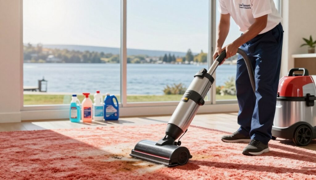 A bright and welcoming image showcasing professional carpet cleaning services in Lake Geneva. In the foreground, a skilled technician in a clean uniform is using a state-of-the-art carpet cleaning machine on a plush, vibrant carpet, focusing on a stained area. The technician is wearing a company-branded shirt with the logo "Lake Geneva Carpet Cleaning." In the middle ground, various cleaning supplies are neatly arranged, highlighting the professionalism and thoroughness of the service. The background features a serene view of Lake Geneva with its picturesque landscape, evoking a sense of tranquility and trust. The lighting is natural, with soft sunlight filtering in through a nearby window, creating a warm and inviting atmosphere. The scene conveys reliability and expertise in carpet care.