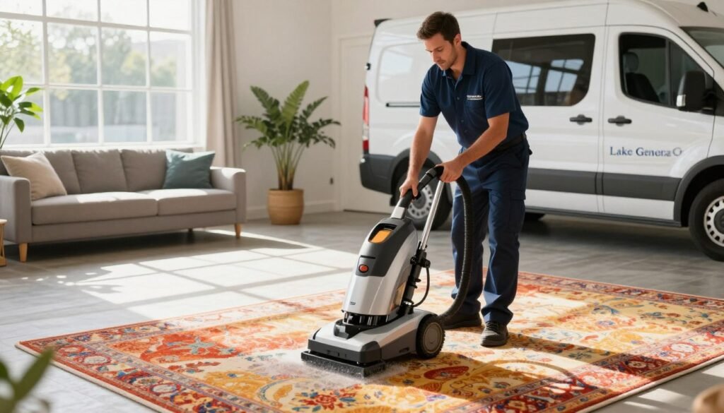 A bright, inviting scene showcasing a professional carpet cleaning service in action. In the foreground, a technician in a neat uniform operates a modern carpet cleaning machine on a plush, vibrant area rug, demonstrating expertise and care. The technician is focused and engaged, illustrating commitment to quality service. In the middle ground, clean, well-maintained carpets transition into a cozy living area with soft natural light streaming through a large window, casting gentle shadows. Plants and tasteful decor can be seen, emphasizing a welcoming environment. In the background, the brand name "Lake Geneva Carpet Cleaning" is subtly integrated into the design of a professional van parked outside, reinforcing the local service aspect. The overall atmosphere conveys freshness and professionalism, signaling the economic benefits of investing in quality carpet cleaning services.