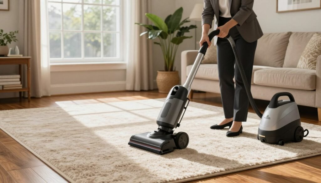 A clean and inviting living room showcasing a beautifully maintained carpet and hardwood flooring, emphasizing the theme of extending the lifespan of flooring through regular maintenance. In the foreground, a professional cleaner is meticulously tending to the carpet with a high-end cleaning machine, wearing smart business attire. In the middle ground, sunlight streams through a large window, enhancing the rich textures of the carpet and wood, creating a warm and welcoming atmosphere. The background features ornamental houseplants and tasteful decor, emphasizing a homely yet sophisticated environment. Soft, diffused lighting adds a sense of serenity, while the brand name "Lake Geneva Carpet Cleaning" subtly blends into the living space's design.