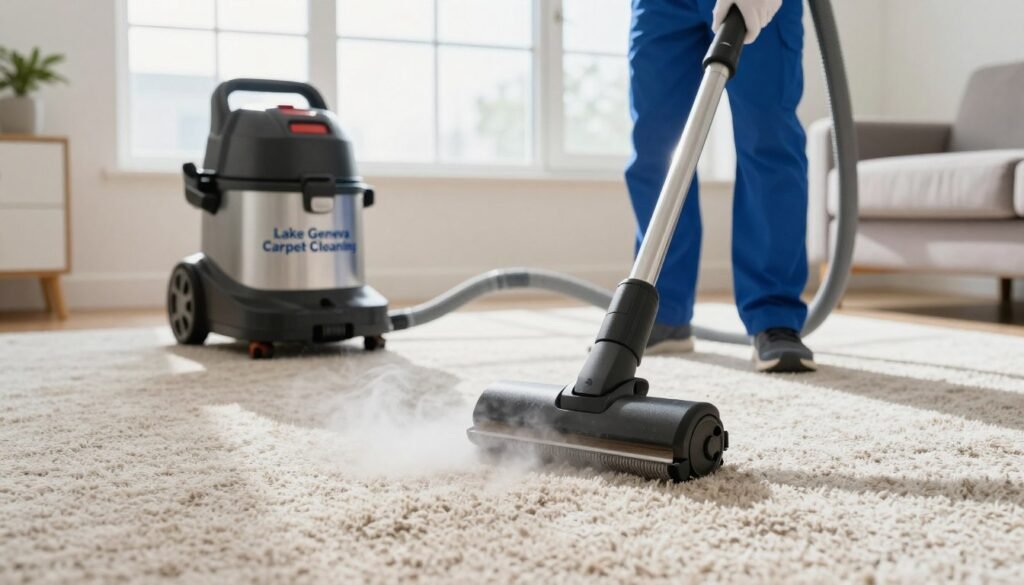 A clean and organized living room showcasing a professional carpet sanitization process focused on allergen removal. In the foreground, a technician in a blue uniform from "Lake Geneva Carpet Cleaning" operates a high-quality carpet cleaning machine, with visible steam rising from the carpet. The middle ground showcases the well-maintained carpet, with a close-up of the fibers being treated, emphasizing a deep clean effect. The background features a sunny window, allowing natural light to flood the room, creating an inviting atmosphere that highlights the cleanliness of the space. Soft shadows enhance depth while conveying a fresh and airy mood, perfect for illustrating the benefits of improved indoor air quality.