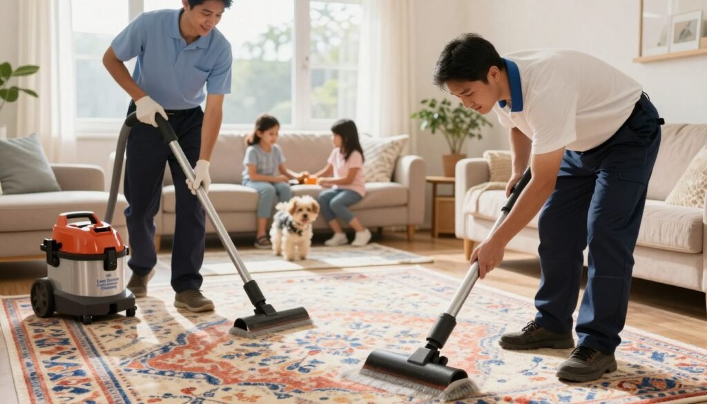 A clean, inviting living room setting illustrates the expertise of "Lake Geneva Carpet Cleaning." In the foreground, two professional carpet cleaning technicians in neat uniforms diligently work on a vibrant, patterned carpet. One technician is using a high-powered, state-of-the-art carpet cleaner, while the other inspects the results, ensuring quality and safety for households with children and pets. The middle ground features a cozy family space, adorned with soft furniture and a playful dog, conveying a safe and welcoming atmosphere. The background offers a sunny window, casting warm, natural light that enhances the cleanliness and freshness of the room. The overall mood is reassuring and professional, emphasizing safety standards in carpet cleaning. A clean, inviting living room setting illustrates the expertise of "Lake Geneva Carpet Cleaning." In the foreground, two professional carpet cleaning technicians in neat uniforms diligently work on a vibrant, patterned carpet. One technician is using a high-powered, state-of-the-art carpet cleaner, while the other inspects the results, ensuring quality and safety for households with children and pets. The middle ground features a cozy family space, adorned with soft furniture and a playful dog, conveying a safe and welcoming atmosphere. The background offers a sunny window, casting warm, natural light that enhances the cleanliness and freshness of the room. The overall mood is reassuring and professional, emphasizing safety standards in carpet cleaning.