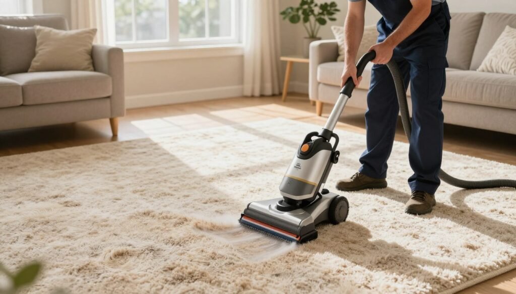 A clean, inviting living room showcasing a plush, well-maintained carpet, emphasizing the comfort of a home after professional carpet cleaning. In the foreground, a friendly technician from Lake Geneva Carpet Cleaning in a smart uniform carefully uses a high-tech carpet cleaning machine, demonstrating expertise and care. The middle ground features a fresh, vibrant carpet with a visible difference between cleaned and uncleaned sections, highlighting the effectiveness of professional cleaning versus DIY methods. The background reveals a sunlit window with gentle rays of light illuminating the room, enhancing the warm and welcoming atmosphere. The overall mood should convey cleanliness, comfort, and a sense of relief for allergy sufferers. The scene is shot with a wide-angle lens, providing an expansive view while maintaining focus on the technician and carpet.