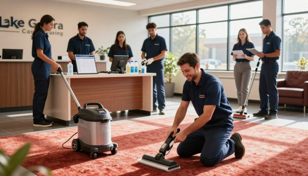 A clean, modern carpet cleaning service office scene featuring a professional team from Lake Geneva Carpet Cleaning, dressed in smart uniforms, ready to assist customers. In the foreground, a friendly technician is kneeling beside a plush, vibrant carpet, showcasing the cleaning process with professional-grade equipment. In the middle ground, a well-organized desk displays appointment schedules and cleaning supplies, emphasizing efficiency. The background features a welcoming reception area with natural light streaming in through large windows, creating a warm, inviting ambiance. The atmosphere conveys reliability and professionalism, with soft, warm lighting enhancing the scene, captured from a slightly elevated angle to provide a comprehensive view of the service in action.