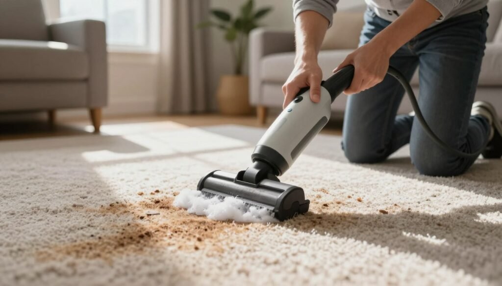 A close-up scene of deep carpet stain removal in a cozy living room, where a professional carpet cleaner from Lake Geneva Carpet Cleaning is diligently using a high-quality stain removal machine. In the foreground, the focus is on the cleaner's tool, which is applying a foamy cleaning solution to a visibly stained area of the plush, textured carpet. The middle ground showcases the cleaner, dressed in neat business attire, intently working on the stain, with a look of concentration. In the background, warm natural light streams through a window, casting soft shadows and highlighting the carpet fibers. The atmosphere is clean, calm, and focused, emphasizing the importance of organic stain removal techniques like those for pet accidents and food spills. A close-up scene of deep carpet stain removal in a cozy living room, where a professional carpet cleaner from Lake Geneva Carpet Cleaning is diligently using a high-quality stain removal machine. In the foreground, the focus is on the cleaner's tool, which is applying a foamy cleaning solution to a visibly stained area of the plush, textured carpet. The middle ground showcases the cleaner, dressed in neat business attire, intently working on the stain, with a look of concentration. In the background, warm natural light streams through a window, casting soft shadows and highlighting the carpet fibers. The atmosphere is clean, calm, and focused, emphasizing the importance of organic stain removal techniques like those for pet accidents and food spills.