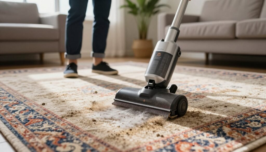 A close-up view of an aging carpet in a cozy living room, showcasing visible allergen buildup such as dust and pet dander in the fibers. In the foreground, a professional cleaner in smart attire uses a high-tech carpet cleaning machine, focused on deep cleaning the carpet. The middle ground features the textured patterns of the carpet, elegantly worn yet vibrant, with hints of light shining through a nearby window, casting warm, inviting hues. The background reveals a neatly organized room with potted plants and soft lighting, creating a calm and reassuring atmosphere. The image should reflect a sense of care and professionalism, embodying the values of "Lake Geneva Carpet Cleaning."