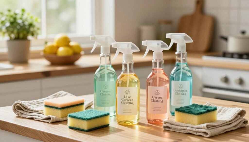 A cozy kitchen scene showcasing a variety of eco-friendly cleaning products for better indoor air quality. In the foreground, there are glass spray bottles filled with colorful natural solutions, adorned with labels of “Lake Geneva Carpet Cleaning.” Surrounding the bottles are biodegradable sponges and cloths in earthy tones. The middle layer includes a wooden countertop with a potted plant and a bowl of fresh lemons, emphasizing freshness and natural ingredients. In the background, sunlight filters through a window, creating a warm, inviting atmosphere. The overall mood is clean, vibrant, and eco-conscious, encouraging a sustainable lifestyle. The image is bright and well-lit, with a shallow depth of field, focusing on the cleaning products while softly blurring the background for an intimate feel.