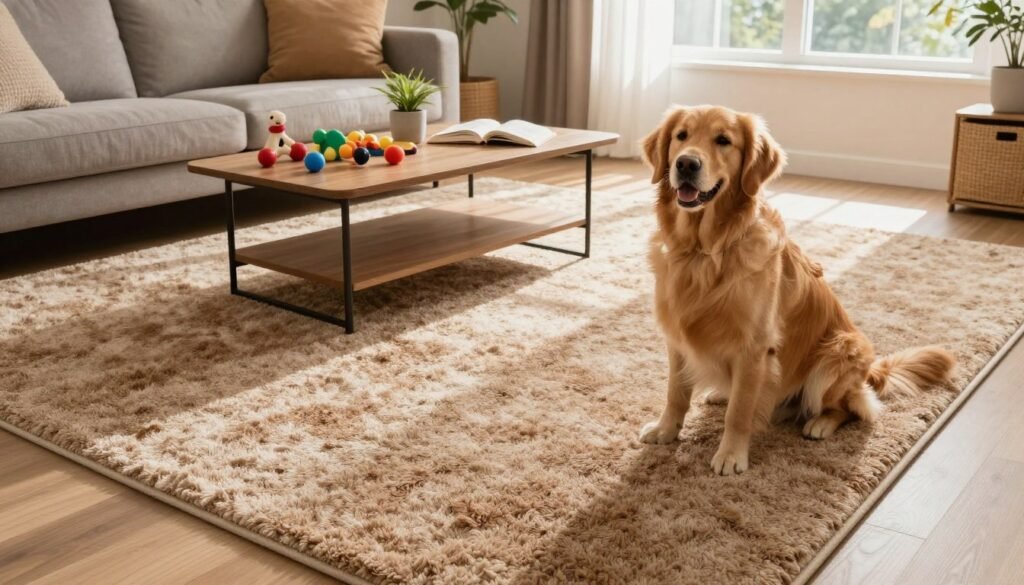 A cozy living room featuring stain-resistant, pet-friendly carpets in warm earth tones, designed to withstand the wear of pets. In the foreground, a playful golden retriever sits on the plush, textured carpet, showcasing its softness and resilience. The middle ground reveals a stylish coffee table with pet toys, a plant, and an open book. In the background, a sunny window with sheer curtains allows natural light to pour in, casting soft shadows that enhance the inviting atmosphere. The scene is framed using a wide-angle lens to capture the entirety of the room while maintaining a focus on the carpets. The mood is bright and welcoming, perfect for families with pets. Include subtle branding elements for "Lake Geneva Carpet Cleaning" in the decor.