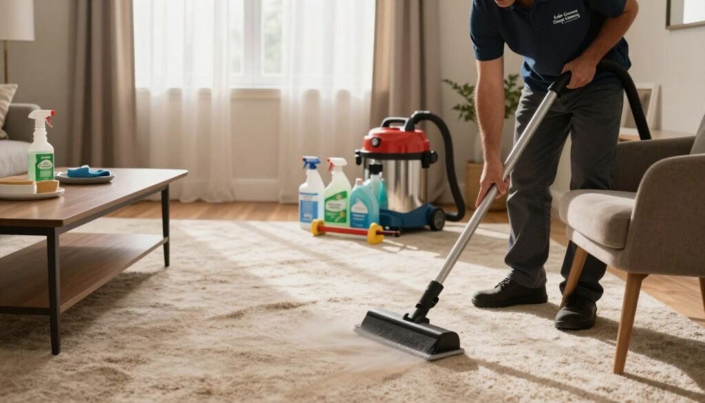 A cozy living room setting prepared for deep carpet cleaning, featuring a light beige carpet that is slightly rumpled, suggesting prior use. In the foreground, there is a professional cleaner wearing smart casual attire, carefully moving furniture like a coffee table and chair to one side, showcasing a focus on organization. In the middle ground, an array of eco-friendly cleaning supplies is neatly arranged, including a carpet cleaner machine, natural cleaners, and tools. The background displays a window with soft sunlight filtering through sheer curtains, casting a warm glow over the scene. The atmosphere is calm, inviting, and organized, reflecting the importance of preparation. Include a subtle logo of "Lake Geneva Carpet Cleaning" on the cleaner's attire.