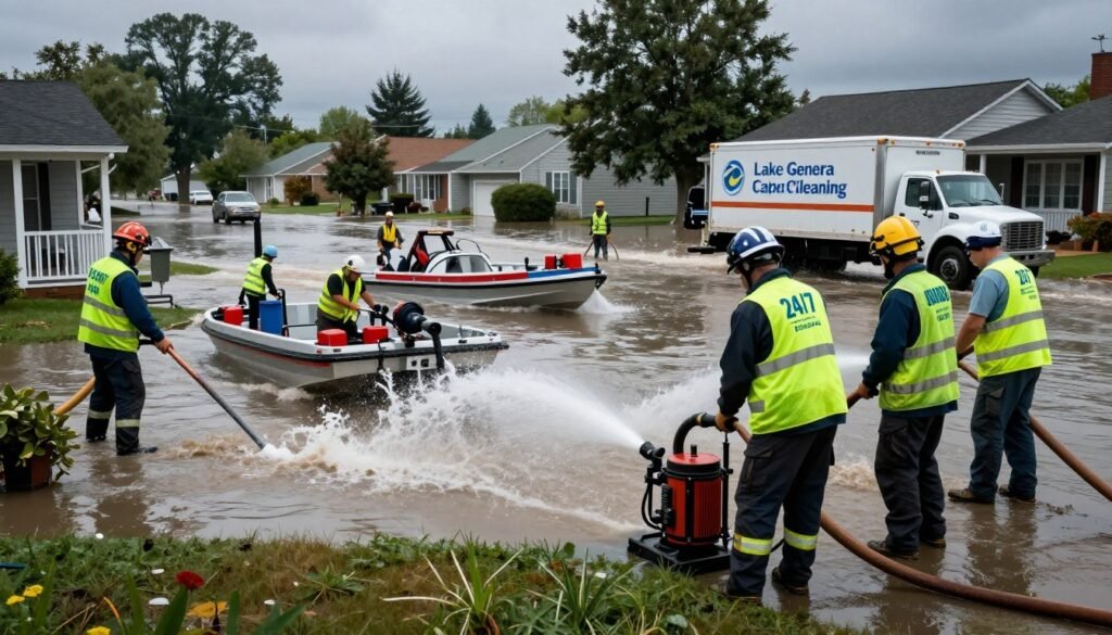 A dynamic scene depicting a "24/7 emergency flood response" in Walworth County. In the foreground, a team of professional responders in bright vests and helmets are actively using high-powered water pumps and hoses to remove floodwater from a residential home. The middle ground features a flooded street and a rescue boat navigating through water, showcasing the urgency of the situation. In the background, a truck with the logo "Lake Geneva Carpet Cleaning" is parked, ready for quick response. The lighting is dramatic, with overcast skies casting soft shadows, creating a tense yet hopeful atmosphere. The angle captures the action from a slightly elevated perspective, emphasizing the importance of prompt action in flood recovery efforts.