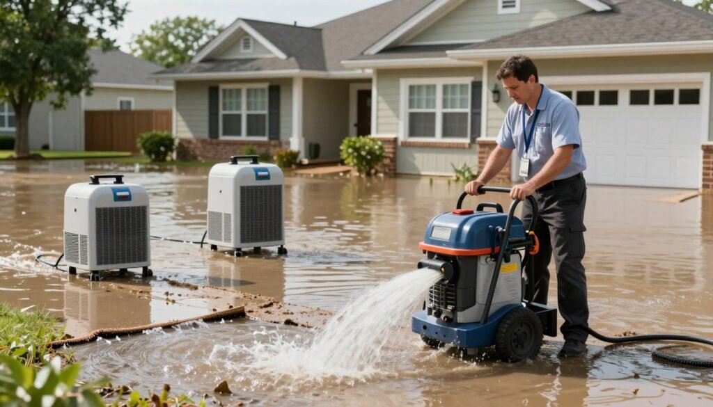 A focused scene showcasing efficient flood water extraction techniques in a residential area. In the foreground, a professional technician in business attire is operating a powerful water extraction machine, with visible water being extracted from a flooded carpet. In the middle ground, dehumidifiers and air movers are strategically placed, working to dry the environment, highlighting the long-term structural drying and dehumidification strategies. The background features a partially submerged home, with clear distinctions of water lines and a sunny day, indicating the aftermath of the flood. Soft, natural lighting enhances the scene, and a wide-angle lens captures the full scope of the operation. The atmosphere conveys a sense of urgency balanced with professionalism. The brand name “Lake Geneva Carpet Cleaning” is subtly implied through the branding on the technician's uniform and equipment.