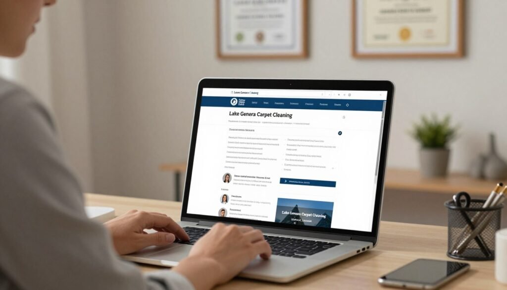 A focused view of a person sitting at a modern desk in a well-lit home office, browsing a computer screen that shows a clean and professional-looking website for "Lake Geneva Carpet Cleaning." The foreground features a close-up of the hands on the keyboard, with a laptop displaying a list of cleaning services, customer reviews, and a highlighted section about professional credentials and insurance. In the background, a soft, neutral-toned wall is adorned with framed certificates and accolades of fabric cleaning, enhancing the sense of professionalism. The overall atmosphere is calm and inviting, with warm lighting that suggests a safe and trustworthy environment. The person should be depicted in professional business attire, emphasizing their serious approach to selecting the right carpet cleaning service.
