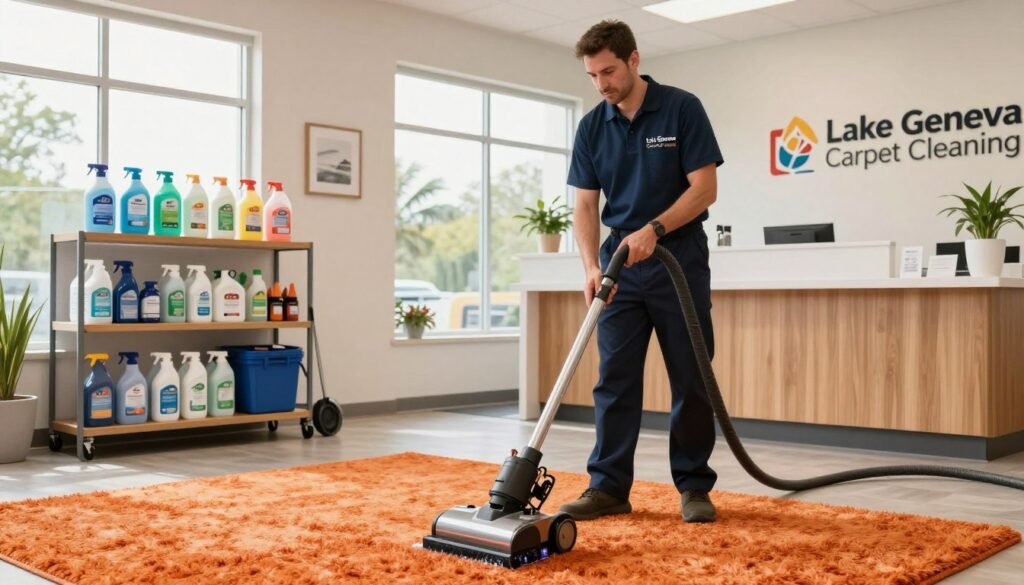 A modern, bright and clean carpet cleaning business scene showcasing "Lake Geneva Carpet Cleaning". In the foreground, a professional technician wearing a branded uniform carefully operates an advanced carpet cleaning machine on a plush, vibrant carpet, demonstrating attention to detail. The middle ground features neatly arranged shelves displaying eco-friendly cleaning products and tools, emphasizing quality. The background consists of a welcoming, well-lit reception area with tasteful decor, highlighting a commitment to customer satisfaction and professionalism. Soft, natural light filters in through large windows, creating an inviting atmosphere. The overall mood conveys a sense of trust and reliability, ideal for potential clients seeking the best carpet cleaning services in Walworth County, WI.