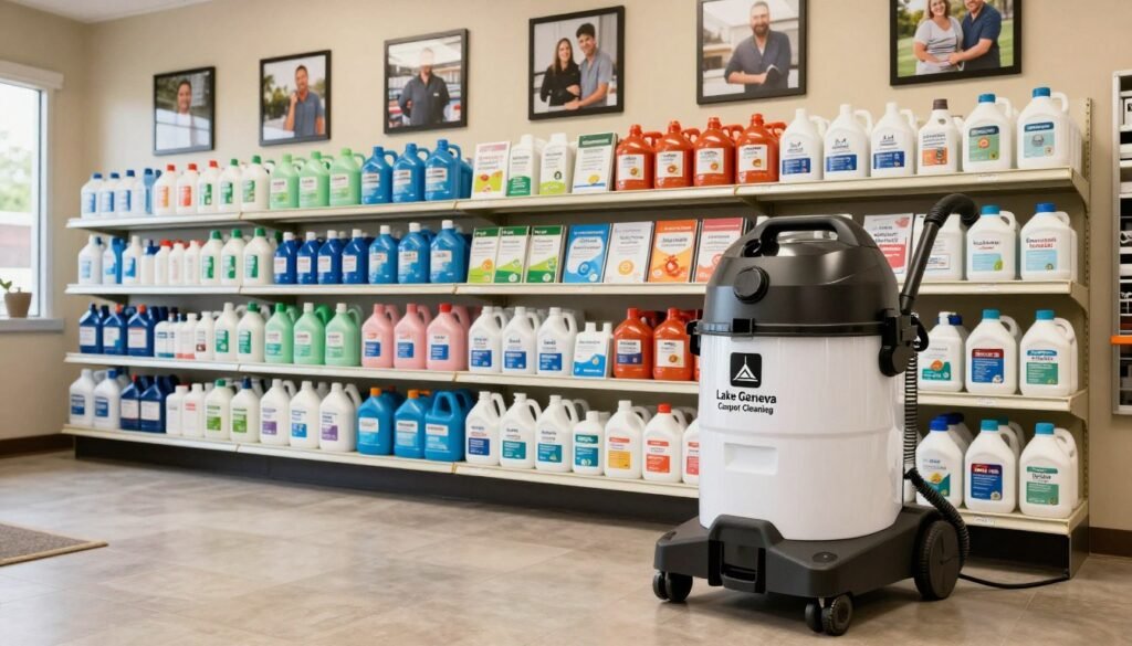 A practical and welcoming carpet cleaner rental shop, showcasing a modern carpet cleaning machine prominently in the foreground. The machine should have "Lake Geneva Carpet Cleaning" displayed clearly on its side, emphasizing its reliability. In the middle ground, neatly arranged shelves filled with ecological cleaning supplies and colorful brochures detailing special discounts and referral programs create an inviting atmosphere. The background features soft, warmly lit walls adorned with framed photos of satisfied customers using the carpet cleaner, illustrating community trust. The scene should be shot from a slight angle with natural lighting highlighting the cleanliness of the shop, evoking a sense of professionalism and approachability, suitable for families looking for efficient rental services in Lake Geneva, WI.