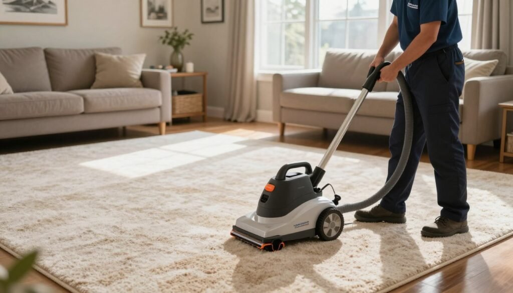 A professional carpet cleaner at work in a cozy home setting in Lake Geneva, WI, focusing on the economic benefits of carpet care. In the foreground, a technician in a neat uniform operates a modern carpet cleaning machine, showcasing the effectiveness of affordable services. The middle layer features a partially cleaned carpet with visible before-and-after contrasts, emphasizing cleanliness and freshness. In the background, a tastefully decorated living room with soft natural lighting streaming in through the window creates a warm, inviting atmosphere, highlighting the homey aspect of the service. The brand name "Lake Geneva Carpet Cleaning" is subtly integrated into the scene, complementing the focus on professional, cost-effective carpet care.