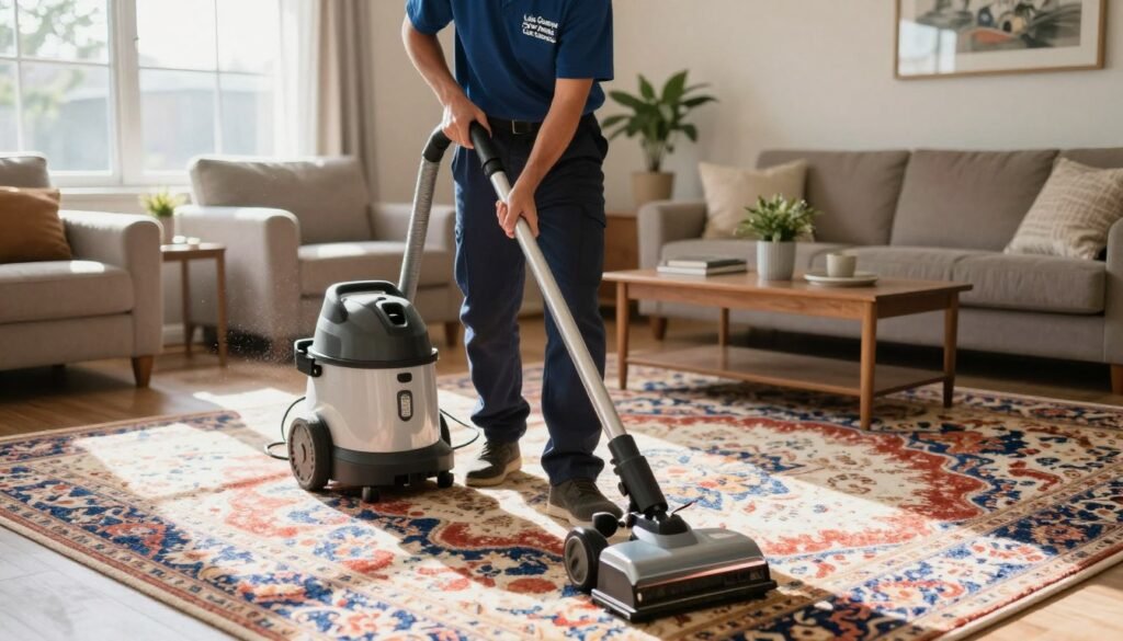 A professional carpet cleaner from "Lake Geneva Carpet Cleaning" is shown diligently working in a bright, well-lit living room in Delavan, WI. In the foreground, the cleaner, dressed in a neat uniform, is using a high-quality carpet cleaning machine, surrounded by plush, vibrant carpets displaying intricate patterns. The middle ground features furniture tastefully arranged, enhancing the cozy atmosphere. In the background, a window lets in natural light, casting soft shadows and illuminating dust motes in the air, creating a clean and inviting environment. The overall mood is professional and reassuring, showcasing the expertise in carpet cleaning services, ideal for the focus on Lake Geneva and surrounding areas.