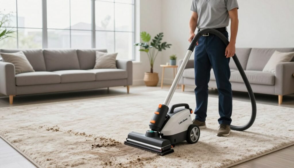 A professional carpet cleaner from Lake Geneva Carpet Cleaning operates state-of-the-art equipment in a bright, modern living room. In the foreground, the cleaner, dressed in smart business attire, stands confidently with a high-tech carpet cleaning machine, showcasing its advanced features like rotating brushes and steam capabilities. The middle ground highlights a freshly cleaned section of plush, light-colored carpet that contrasts with the dark, dirty areas yet to be cleaned, emphasizing the effectiveness of the equipment. In the background, large windows allow natural light to flood the room, enhancing the cleanliness and freshness of the space. The atmosphere is professional and inviting, creating a sense of trust and reliability in the cleaning service.