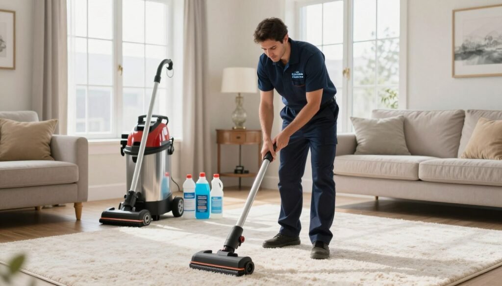 A professional carpet cleaner from "Lake Geneva Carpet Cleaning" stands in a bright, well-lit living room, showcasing an elegantly decorated space with plush carpets and tasteful furnishings. In the foreground, the cleaner, dressed in a smart uniform, is attentively inspecting a carpet with a handheld tool, demonstrating care and expertise. The middle ground features cleaning equipment, including a high-quality carpet extractor and various cleaning supplies, arranged neatly, highlighting the business's professionalism. In the background, large windows filter in soft, natural light, creating an inviting atmosphere. The overall mood is one of trust and reliability, emphasizing the attention to detail and communication crucial for effective service in the carpet cleaning industry.