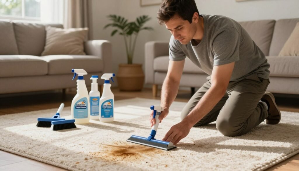A professional carpet cleaner in a modest casual outfit demonstrates effective pet stain removal techniques on a stained carpet in a cozy living room. In the foreground, a well-maintained carpet with a noticeable urine stain is illuminated by soft, warm lighting, enhancing its texture. The cleaner is applying a specialized stain removal solution, with a focused expression, showcasing skills and expertise. In the middle, a set of professional cleaning tools, including brushes and sprays, is neatly arranged, emphasizing a methodical approach to deep cleaning and sanitization. The background features a serene Lake Geneva home environment, with sunlight filtering through a window, creating a welcoming atmosphere. Include elements that reflect the "Lake Geneva Carpet Cleaning" brand, ensuring the scene feels professional yet approachable.