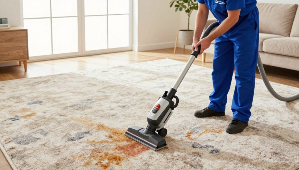 A professional carpet cleaner in a well-lit, modern living room is using a powerful cleaning machine on a beautiful, plush carpet. In the foreground, the cleaner, dressed in smart blue uniform attire with the brand name "Lake Geneva Carpet Cleaning" visible, is focused on removing stains. The middle ground features a pristine, textured carpet, showcasing its vibrant colors and patterns, symbolizing quality materials and craftsmanship. In the background, large windows allow natural light to flood the room, highlighting the cleanliness of the space. The atmosphere conveys a sense of professionalism and care, illustrating the importance of regular maintenance for long-lasting carpets. The composition uses a slightly elevated angle to capture the action, with soft, warm lighting enhancing the inviting feeling of the room.