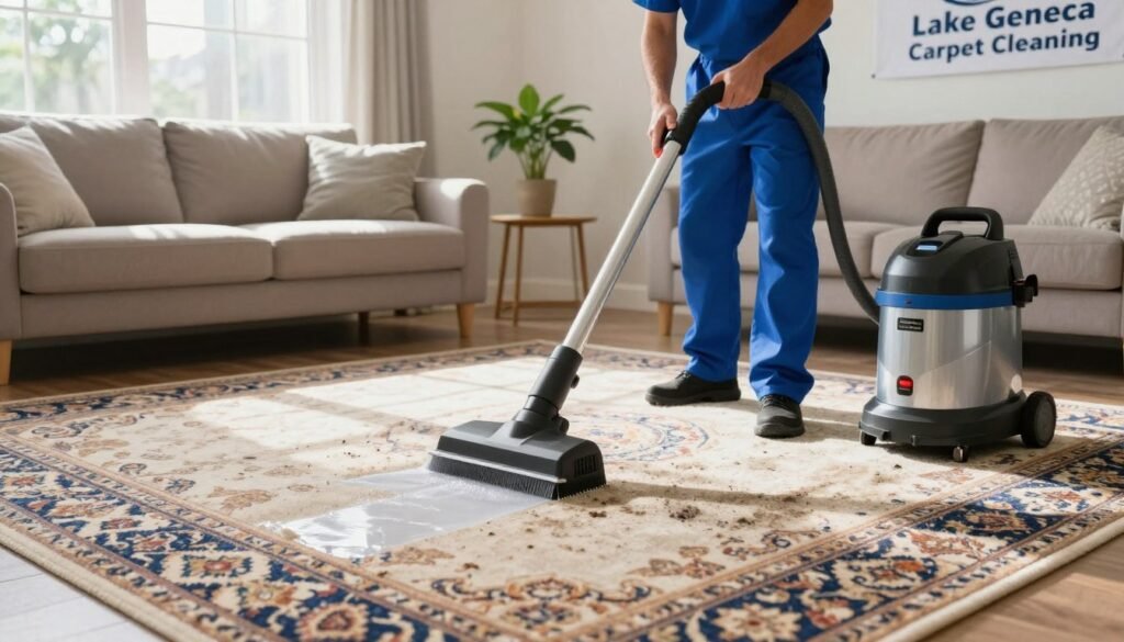 A professional carpet cleaner wearing a blue uniform, equipped with a high-powered cleaning machine, meticulously cleaning a plush, intricate patterned carpet in a bright, airy living room. In the foreground, there's a shiny, clean section of the carpet contrasting with a dirty area, highlighting the effectiveness of the service. The middle ground features a cozy sofa and a small table with a potted plant, suggesting a warm, inviting home environment. Sunlight streams through a large window, casting soft, natural light that enhances the colors and details of the carpet and surroundings. In the background, a banner subtly displays "Lake Geneva Carpet Cleaning" to imply local expertise and service quality. The overall mood is fresh, clean, and professional, emphasizing the importance of choosing the right carpet cleaning services.