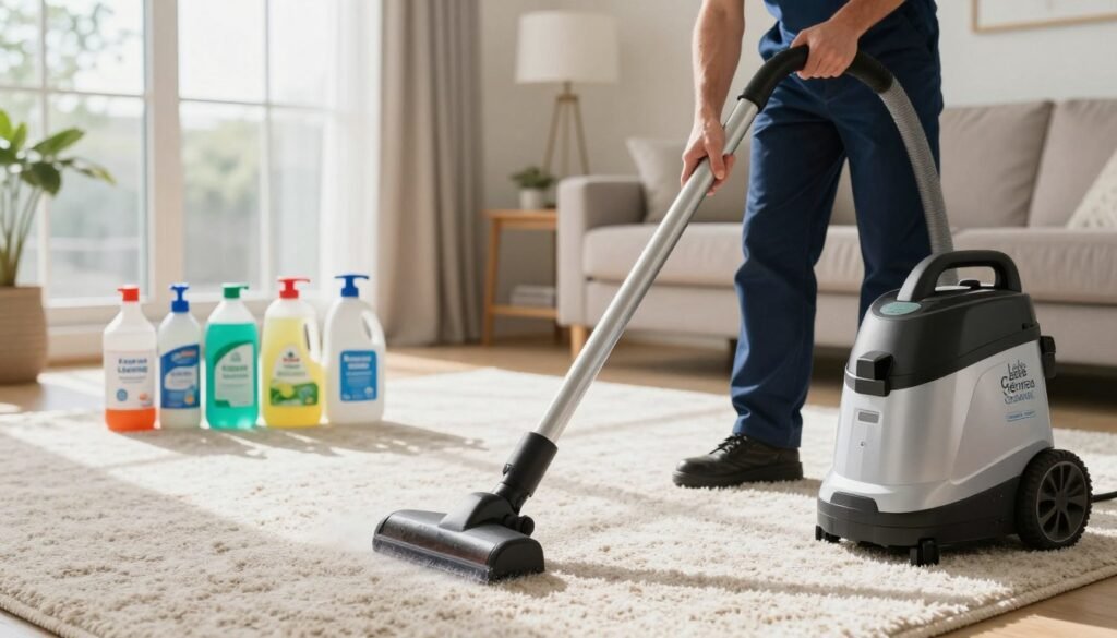 A professional carpet cleaning appointment scene portraying the cleaning process in action. In the foreground, a meticulous technician in a branded "Lake Geneva Carpet Cleaning" uniform uses an advanced steam cleaning machine on a richly textured carpet, showcasing the effort and care involved. In the middle ground, neatly arranged cleaning supplies, including eco-friendly solutions and a vacuum, enhance the organized atmosphere. The background features a bright, well-lit living room with natural sunlight streaming through large windows, highlighting the cleanliness and vibrancy of the space. The mood is calm and professional, evoking a sense of trust and reliability in the carpet cleaning service. The image should be captured at eye level, with sharp focus on the technician and subtle bokeh for added depth.