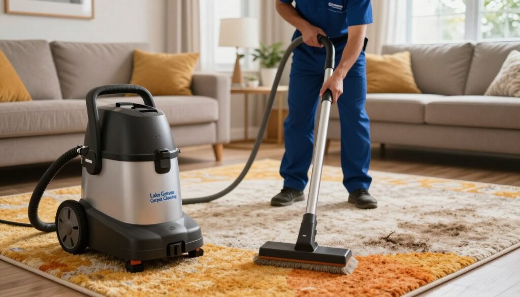 A professional carpet cleaning company scene featuring a friendly technician from "Lake Geneva Carpet Cleaning" in neat uniform, engaged in cleaning a plush, vibrant area rug in a well-lit, cozy living room. The foreground showcases the technician using an industrial-grade carpet cleaning machine, emphasizing its modern design and effectiveness. In the middle ground, the freshly cleaned rug contrasts with a visibly dirty patch, illustrating the difference between professional cleaning and rental equipment. The background contains warm, inviting home decor with natural light filtering through a window, creating a welcoming atmosphere. Shot with a slight angle to capture the action, using soft lighting to enhance the cleanliness and comfort of the space. The overall mood conveys professionalism, efficiency, and care in home maintenance. A professional carpet cleaning company scene featuring a friendly technician from "Lake Geneva Carpet Cleaning" in neat uniform, engaged in cleaning a plush, vibrant area rug in a well-lit, cozy living room. The foreground showcases the technician using an industrial-grade carpet cleaning machine, emphasizing its modern design and effectiveness. In the middle ground, the freshly cleaned rug contrasts with a visibly dirty patch, illustrating the difference between professional cleaning and rental equipment. The background contains warm, inviting home decor with natural light filtering through a window, creating a welcoming atmosphere. Shot with a slight angle to capture the action, using soft lighting to enhance the cleanliness and comfort of the space. The overall mood conveys professionalism, efficiency, and care in home maintenance.