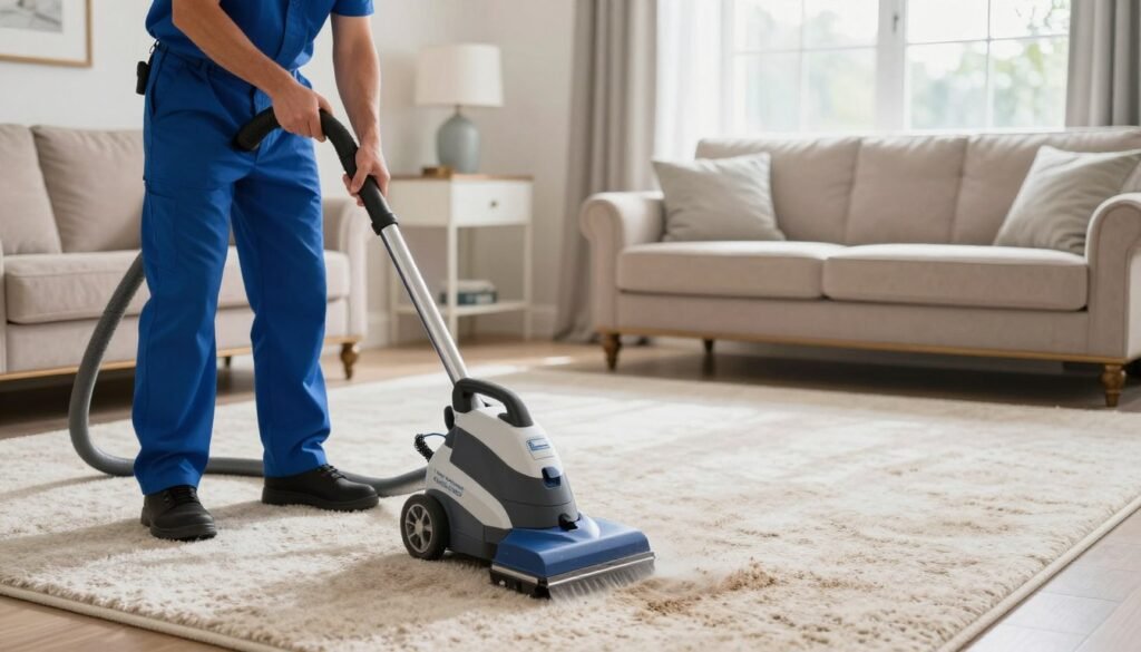 A professional carpet cleaning scene featuring "Lake Geneva Carpet Cleaning" in action. In the foreground, a technician dressed in a smart blue uniform meticulously utilizes a high-powered carpet cleaning machine, focusing on an area rug with visible dirt being sucked away. The middle of the scene shows a cozy living room setting with elegant furniture and a freshly cleaned carpet, showcasing a transformation. In the background, soft natural light floods through a large window, illuminating the space and enhancing the clarity of colors. The mood is clean, efficient, and reassuring, reflecting the professionalism and quality service of a carpet cleaning appointment. The composition captures the essence of a thorough and satisfying professional cleaning experience.