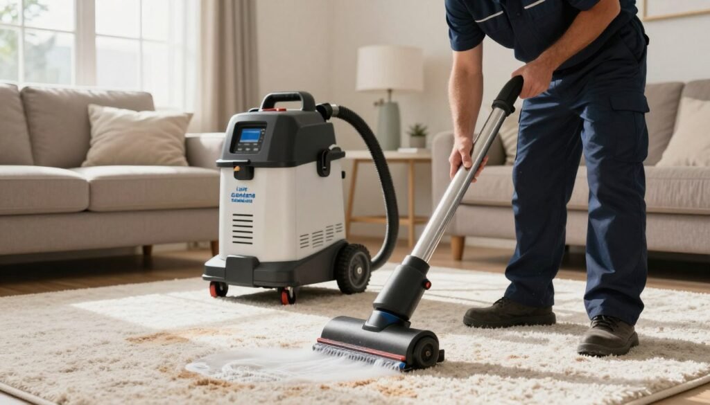 A professional carpet cleaning scene featuring a technician from Lake Geneva Carpet Cleaning, dressed in a smart uniform, skillfully operating a truck-mounted hot water extraction machine. In the foreground, the technician is focused on a section of a plush carpet, visibly clean and fresh. The middle layer showcases the advanced cleaning equipment, with hoses and machinery highlighted, demonstrating the technology’s efficacy. The background reveals a cozy living room setting, bathed in warm, natural light streaming through a window, enhancing the clean, inviting atmosphere. The overall mood is professional and reassuring, emphasizing the effectiveness of the carpet cleaning process in removing odors and stains. The angle captures both the action and the welcoming environment, showcasing the importance of professional cleaning services.