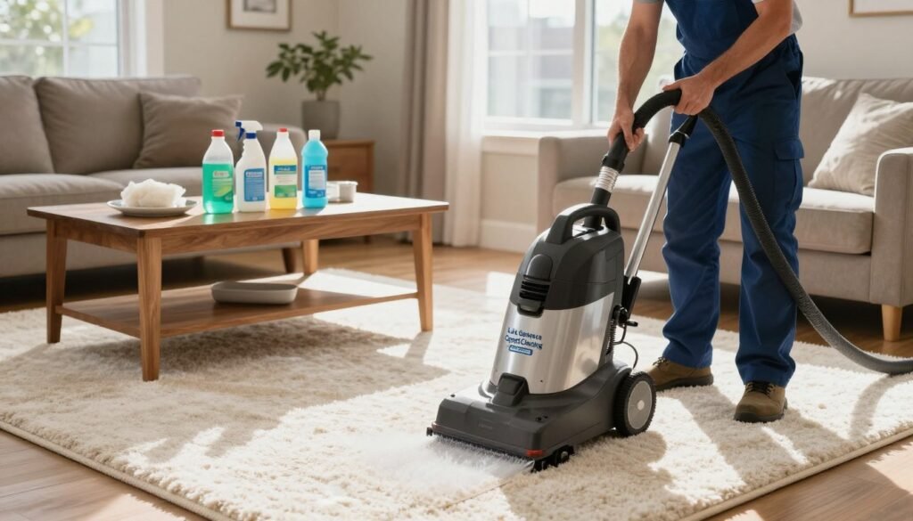 A professional carpet cleaning scene in a cozy Burlington, WI living room. In the foreground, a certified technician from "Lake Geneva Carpet Cleaning," dressed in a clean uniform, operates a modern, powerful carpet cleaning machine with vibrant white carpets being revitalized. In the middle ground, well-organized cleaning supplies, including eco-friendly products, are neatly arranged on a stylish wooden table. The background features a sunny window casting warm, natural light that accentuates the freshness of the room. Soft shadows create a welcoming atmosphere, while the overall mood is one of reliability and professionalism. The image should capture a sense of trust and quality in carpet cleaning services, focusing on the enthusiasm and determination of the technician at work. No text or watermarks in the image.