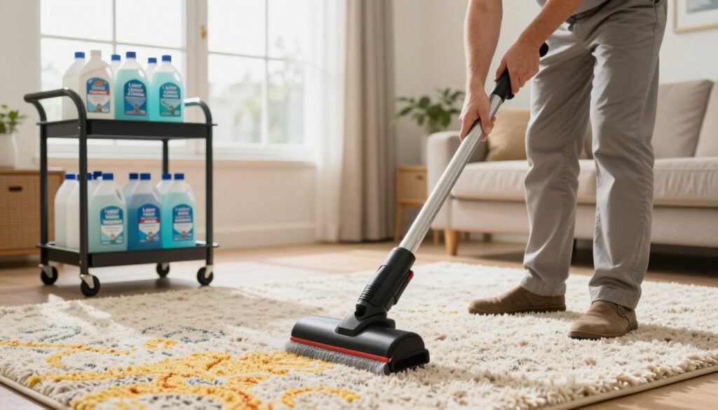 A professional carpet cleaning scene showcasing the brand "Lake Geneva Carpet Cleaning". In the foreground, depict a certified technician in modest casual clothing, demonstrating the use of eco-friendly, allergy-friendly carpet cleaning equipment. The cleaner should be actively working on a vibrant, plush carpet, emphasizing a clean and fresh appearance. In the middle ground, include neatly organized bottles of non-toxic, allergy-friendly cleaning solutions, arranged on a service cart, with labels clearly visible. The background should feature a spacious, bright, and welcoming living room with large windows allowing natural light to pour in, creating an inviting atmosphere. Use soft, warm lighting to evoke a sense of comfort and safety, and angle the view to provide depth and dimension to the scene, emphasizing the importance of allergen-free living spaces.
