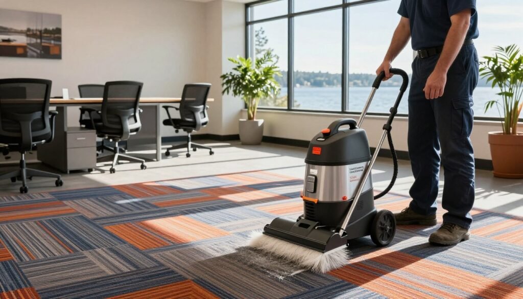 A professional carpet cleaning service scene at a local business in Lake Geneva, WI. In the foreground, a technician wearing a uniform and safety gear is using a powerful carpet cleaning machine on a vibrant, commercial-grade carpet, showcasing fresh, clean fibers. The middle ground features a well-lit office space with modern furnishings, clean walls, and plants, creating a welcoming atmosphere. In the background, a large window reveals a glimpse of Lake Geneva, enhancing the local connection. Natural light streams in from the window, casting soft shadows, while the overall mood is professional and inviting. Prominently displayed on the machine is the brand name "Lake Geneva Carpet Cleaning".