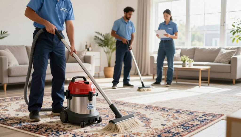 A professional carpet cleaning service scene featuring a team from "Lake Geneva Carpet Cleaning" in action. In the foreground, a technician in a neat uniform is using a modern carpet cleaner on a richly patterned rug, showcasing the act of deep cleaning. In the middle ground, another technician is inspecting other areas of carpet with a clipboard, ensuring thorough service and customer satisfaction. The background depicts a clean, well-lit living room with comfortable furniture and large windows allowing natural sunlight to pour in, enhancing the atmosphere of a fresh and inviting space. The overall mood is professional and reassuring, reflecting the long-term benefits of expert carpet care. Soft focus on the edges accentuates the importance of cleanliness and care in home maintenance.
