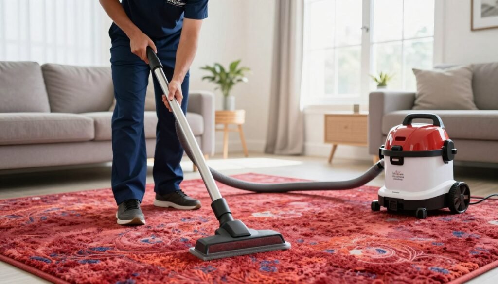 A professional carpet cleaning specialist from Lake Geneva Carpet Cleaning, dressed in a neat, branded uniform, uses a high-quality steam cleaner on a plush, vibrant area rug in a bright, well-lit living room. In the foreground, the specialist is focused and detailed, showcasing their expertise. The middle ground features the freshly cleaned carpet, displaying rich colors and improved texture, symbolizing care and revitalization. In the background, soft natural light filters through large windows, illuminating the room and creating an inviting atmosphere. The mood conveys trust and professionalism, emphasizing the importance of regular carpet maintenance to extend the lifespan of flooring. The composition is shot from a slightly angled perspective to highlight the cleaning action.