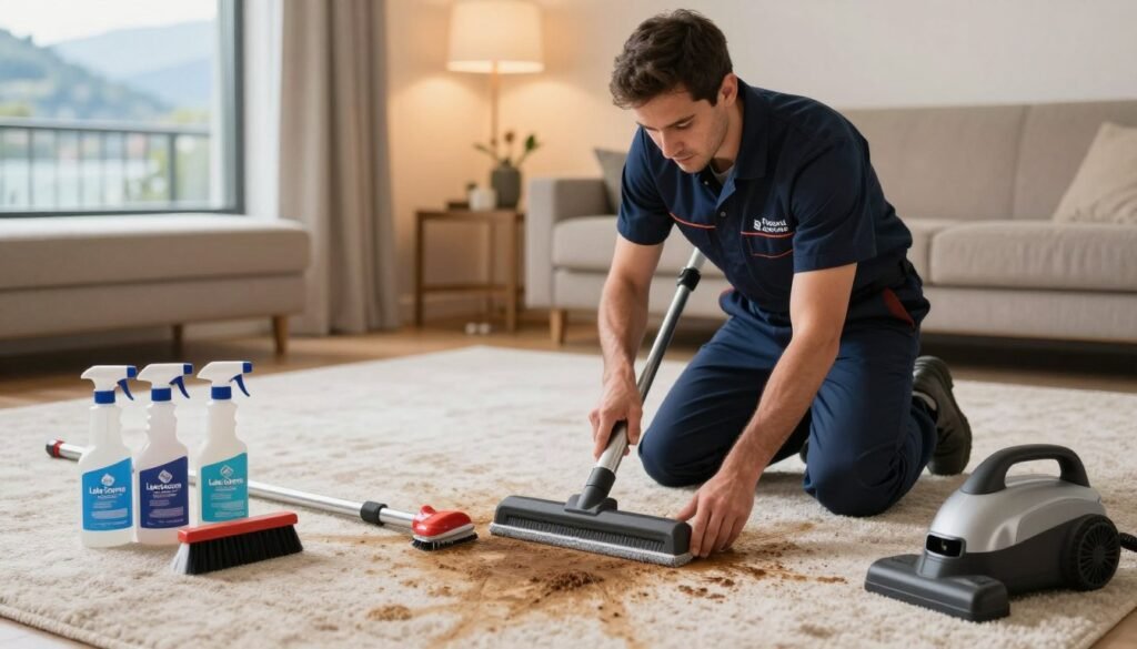 A professional carpet cleaning technician in a smart navy uniform, carefully applying a stain removal solution to a heavily stained carpet indoors. In the foreground, there are various carpet cleaning tools, including spray bottles, brushes, and a small equipment vacuum, neatly arranged. The technician's focused expression conveys expertise as they work diligently, emphasizing the theme of eliminating persistent odors at the source. The middle ground showcases a partially cleansed area of the carpet, contrasting with the stained sections. The background features a well-lit room with warm, inviting lighting, and hints of Lake Geneva's beautiful surroundings visible through a window, creating a serene atmosphere. The scene incorporates the brand name "Lake Geneva Carpet Cleaning" subtly, emphasizing professionalism and local expertise.