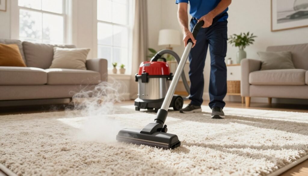 A professional carpet steam cleaning service in action, showcasing a clean, vibrant living room with a plush carpet in the foreground, featuring a steam cleaner in use. The middle ground highlights a technician from Lake Geneva Carpet Cleaning dressed in smart professional attire, expertly maneuvering the steam cleaner with visible steam rising from the carpet, indicating deep cleaning. In the background, sunlit windows illuminate the space, creating a warm and inviting atmosphere. The setting includes decorative furniture and indoor plants, enhancing the cozy ambiance. The scene is captured from a slightly elevated angle, providing a clear view of the cleaning process while maintaining a sharp focus on the technician at work. The overall mood is clean, professional, and reassuring, illustrating the effectiveness of steam cleaning.