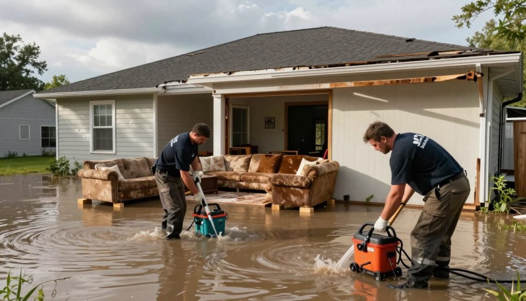 A professional flood restoration team from Lake Geneva Carpet Cleaning works diligently in a flooded residential area in Elkhorn, WI. In the foreground, two technicians, wearing branded uniforms, carefully assess and extract water from a home’s living room using specialized equipment. The middle ground features a partially flooded room with furniture lifted onto blocks, showcasing the damage and restoration process. In the background, the exterior of a dilapidated home surrounds the scene, with a cloudy sky indicative of recent storms. Natural lighting filters through the windows, casting soft shadows, enhancing the atmosphere of urgency and professionalism. The image should evoke a mood of hope and resilience as the team strives to restore the home to its former glory.
