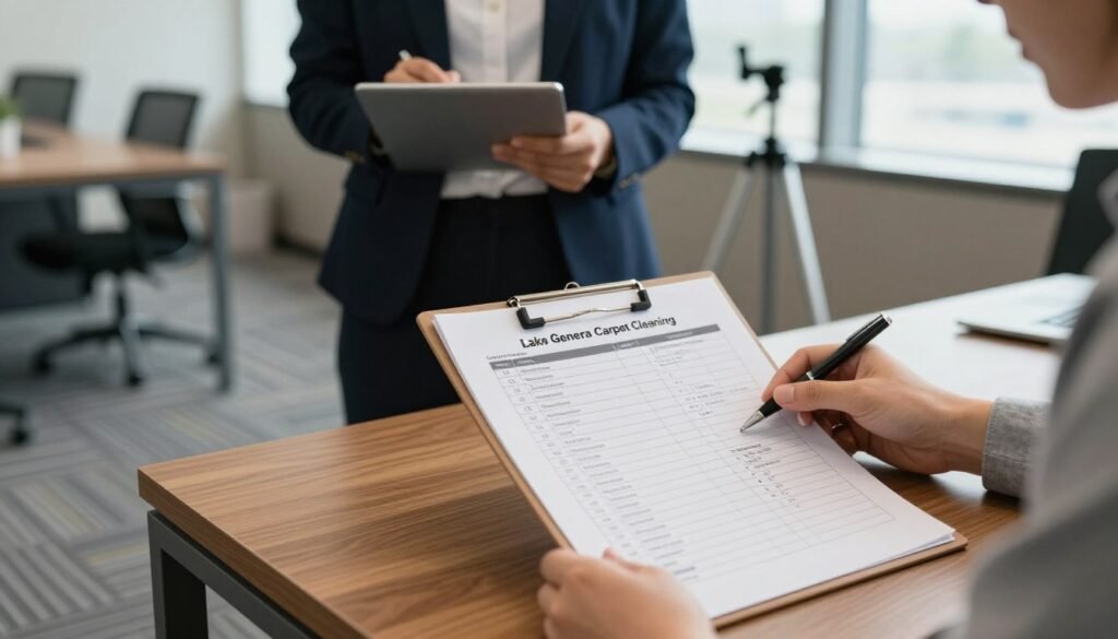 A professional office setting with a focus on carpet cleaning logistics. In the foreground, a detailed checklist on a wooden table highlighting service scope and logistics for carpet cleaning, with a pen resting beside it. In the middle ground, a businessperson in professional attire, thoughtfully reviewing the checklist. The background features a modern office with neatly cleaned carpets, a window allowing soft natural light to illuminate the space, creating a warm atmosphere. The image conveys a sense of clarity and professionalism in hiring services, specifically representing "Lake Geneva Carpet Cleaning." A tripod perspective captures the scene perfectly, enhancing the focus on the checklist and the businessperson's engagement with details.