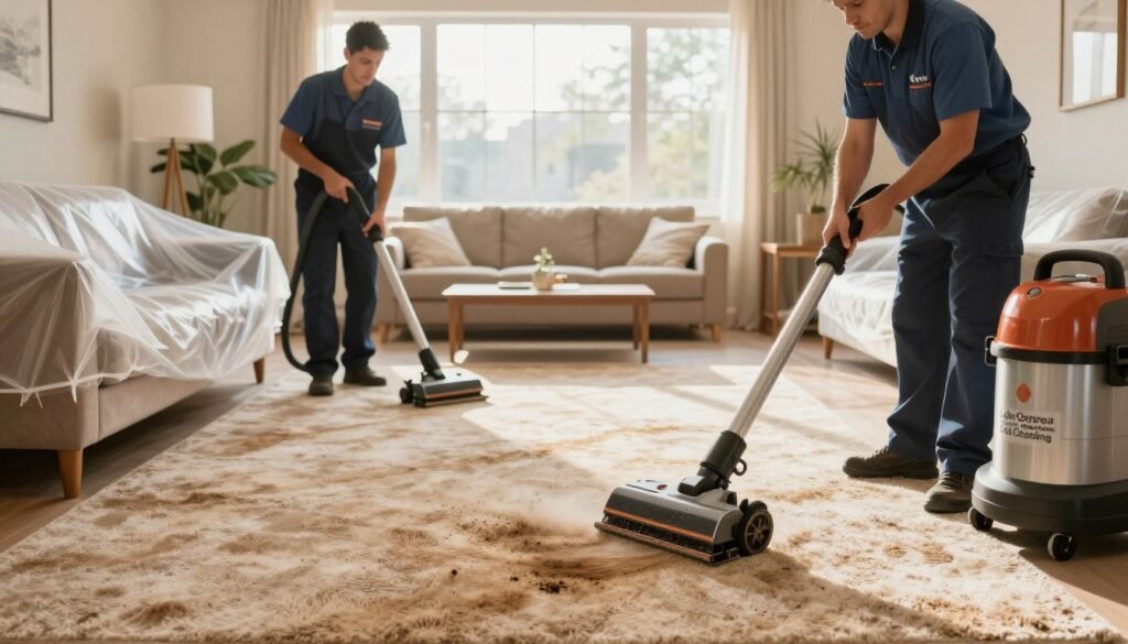 A serene indoor environment showcasing the professional carpet cleaning service by "Lake Geneva Carpet Cleaning." In the foreground, a team of two technicians in professional attire carefully protects furniture with plastic covers while operating a high-tech carpet cleaning machine. The middle layer features a plush, light-brown carpet with visible dirt and stains being cleaned, highlighting the effectiveness of the service. The background shows a sunlit living room with large windows, providing warm, natural lighting that creates a welcoming and clean atmosphere. Overall, the mood conveys professionalism and care, emphasizing the importance of protecting property during the cleaning process.