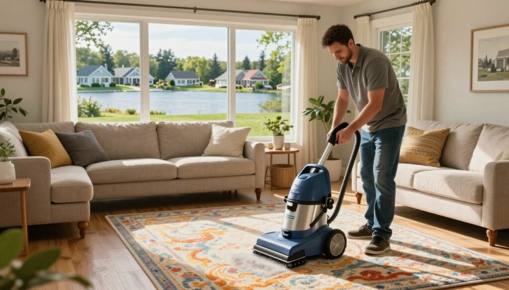 A serene residential scene in Lake Geneva, Wisconsin, showcasing a professional carpet cleaning service, "Lake Geneva Carpet Cleaning." In the foreground, a friendly technician in modest casual clothing carefully operates a state-of-the-art carpet cleaning machine on a plush, vibrant area rug in a sunlit living room. The middle layer features a cozy home setting, complete with tasteful decor, a well-kept sofa, and natural light streaming through large windows, enhancing the welcoming atmosphere. The background captures the essence of a tranquil Lake Geneva neighborhood, with picturesque homes and lush greenery. Soft, warm lighting fills the space, creating a fresh and inviting mood, emphasizing the importance of carpet care in residential homes.